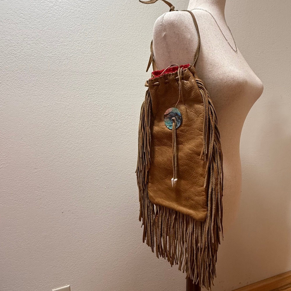 Leather Fringe Festival Bohemian Hippie Shell Accents Medicine Bag Pouch Handbag - Picture 5 of 11
